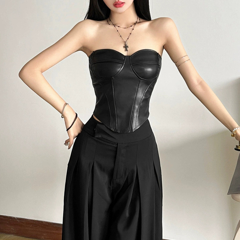 H&M Feng Winter Strapless Sleeveless Tight Black Leather Vest